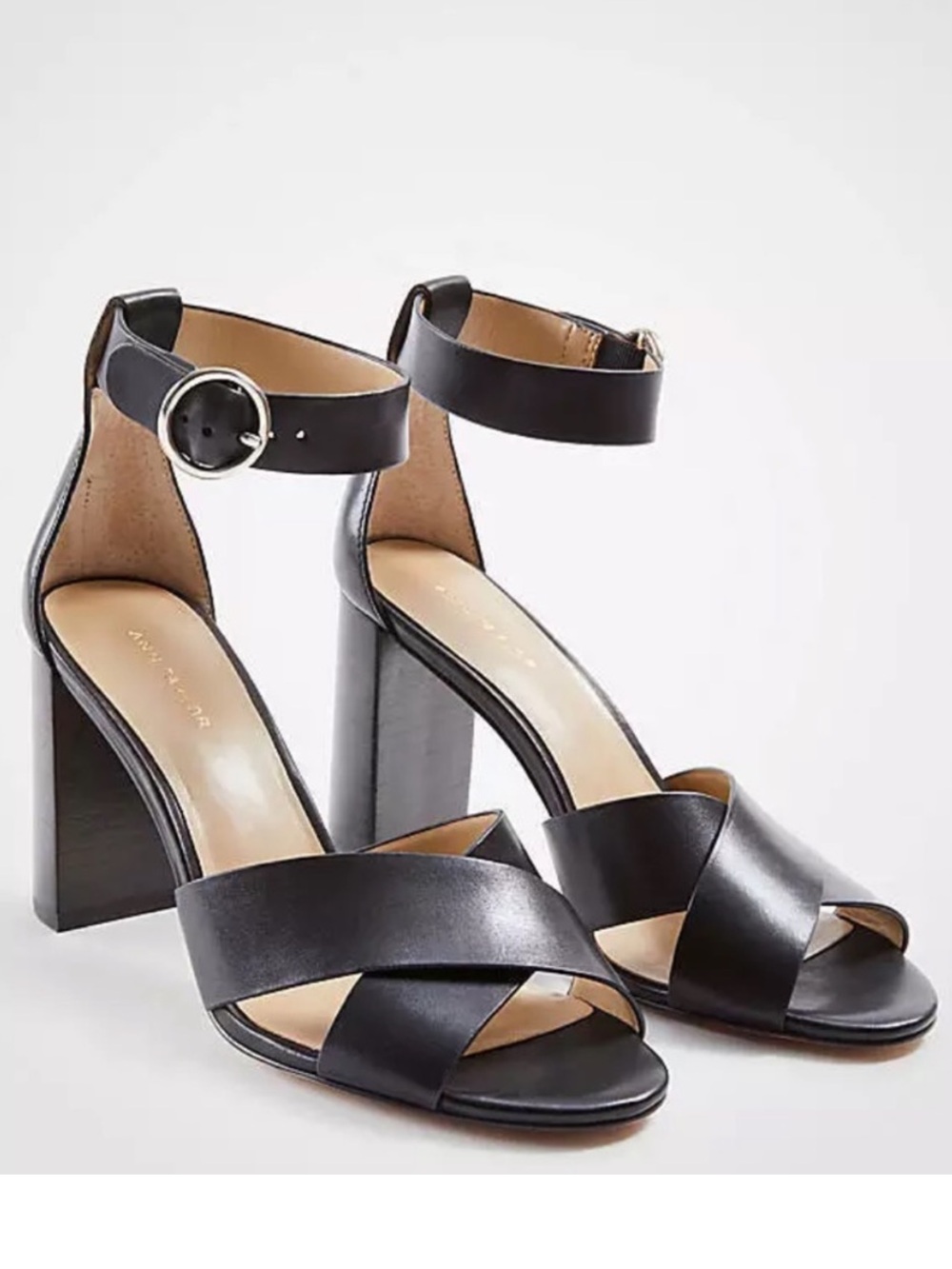 Ann Taylor Black Leather Crisscross Ankle-Strap Block Heels